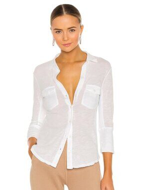 JAMES PERSE White 100% Cotton Voile Ribbed Panel Button Up Combo Shirt, Size 3/L